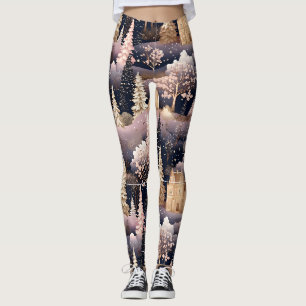 Leggings Castillo de Fantasía Paisaje Ciervo Invierno Rosa
