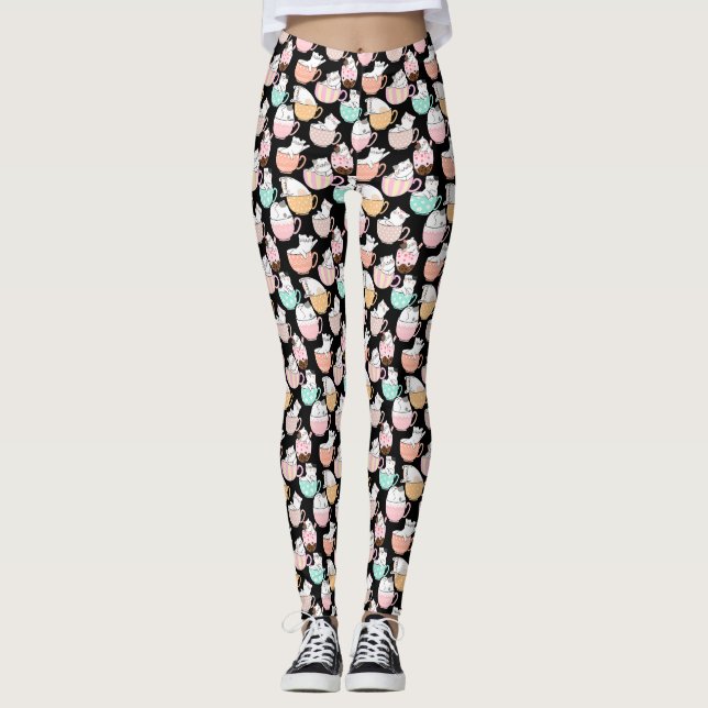 Leggings Cat en un diseño de patrón de taza 01 w (Anverso)