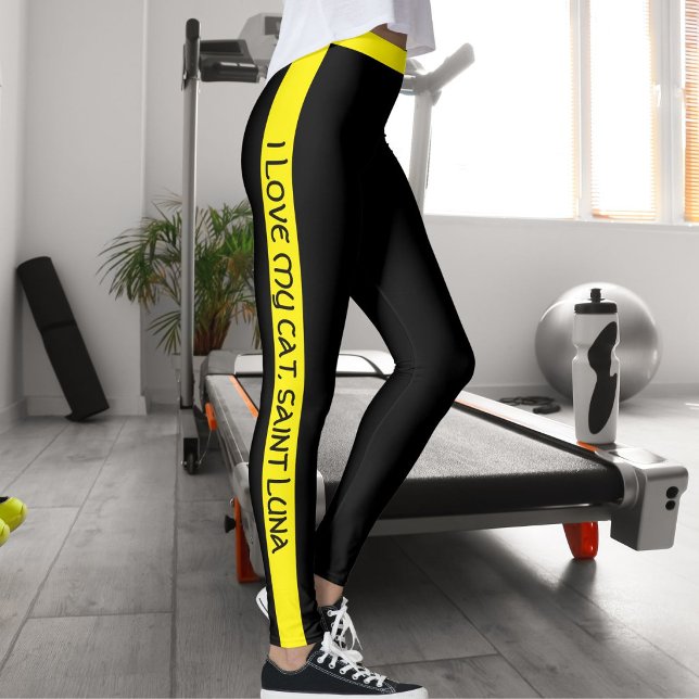 Leggings Cat Mom Pet Lover Script Text Yellow Stripes Black (Subido por el creador)