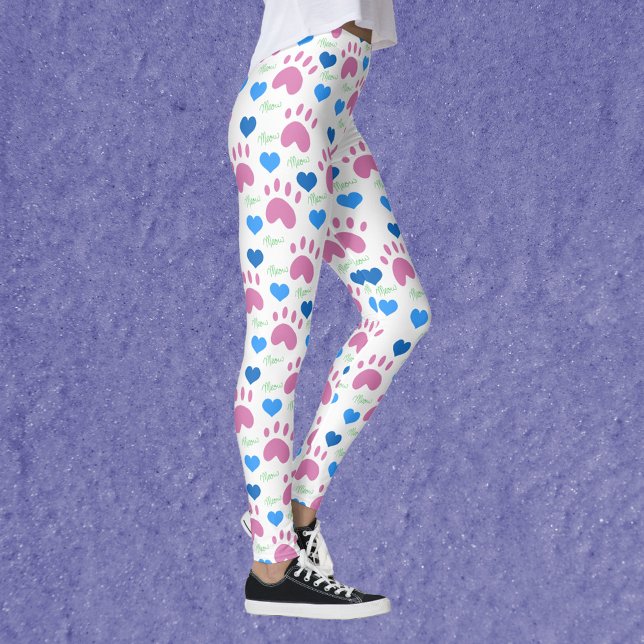 Leggings Cat Paws Hearts Meow Pink Blue Green Pattern (Leggings with a pattern of pink cat paws, blue hearts and green meows.)