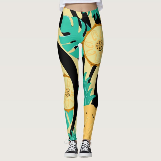 Leggings Cebra, monstera, piña: patrón de verano. (Anverso)
