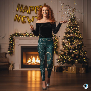 Leggings Celebración de Nochevieja Reloj Dorado y Verde Osc