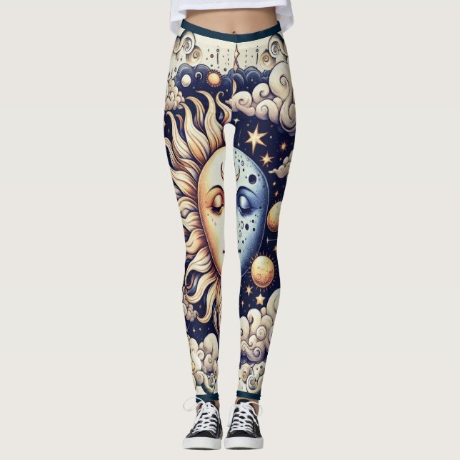 Leggings Celestial Antiguo Medio Sol y Luna Azul Amarillo (Anverso)