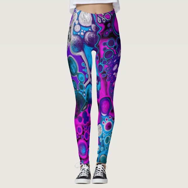 Leggings Célula de mármol de arte fluido morado y azul mode (Anverso)
