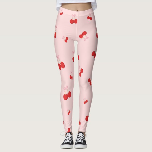 Leggings Cerezas Rojas con Lazo Rosa Coquette Chic Rústico (Anverso)