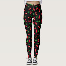 Leggings Cerezas rojas de verano con patrones de fruta negr