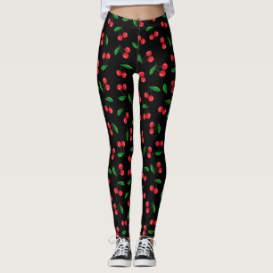 Leggings Cerezas rojas de verano con patrones de fruta negr