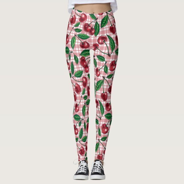 Leggings Cerezas rojas en gingham rosa (Anverso)