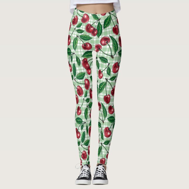 Leggings Cerezas rojas en gingham verde claro (Anverso)
