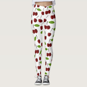 Leggings Cerezo Rojo, Patrón De Cerezas, Hojas, Fruta