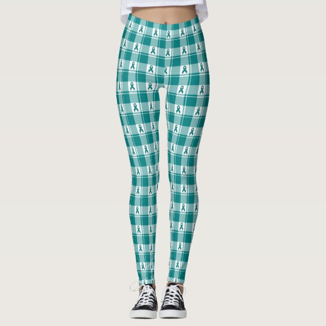 Leggings Cervical Cancer Awareness Plaid Teal Ribbon (Anverso)