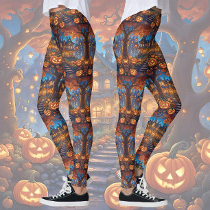 Leggings Chalet fantasmal en el bosque, calabazas, Hallowee