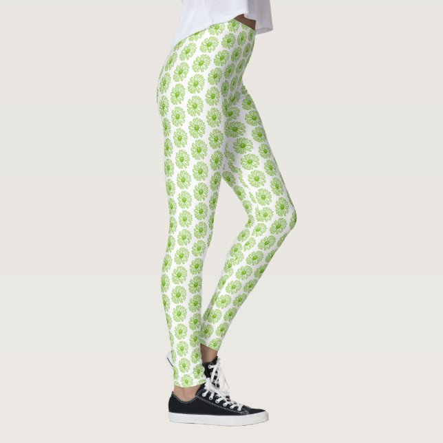 Leggings Chartreuse Green Daisy Print, Hippie Flower Print (Derecha)
