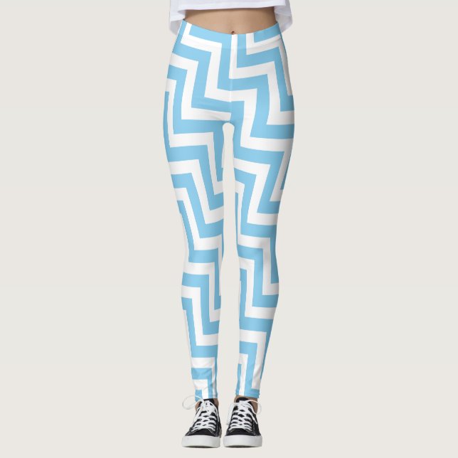 Leggings Chevron diagonal azul y blanco de tamaño medio (Anverso)