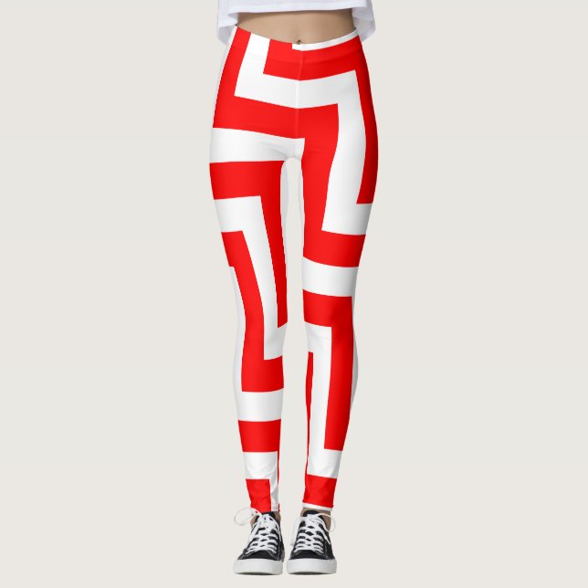 Leggings Chevron Diagonal de gran tamaño rojo y blanco (Anverso)