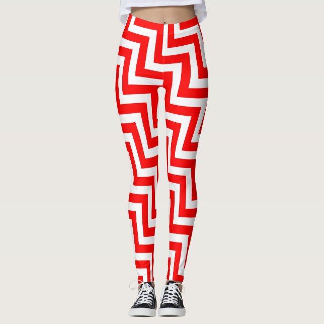 Leggings Chevron diagonal de tamaño medio rojo y blanco (Anverso)