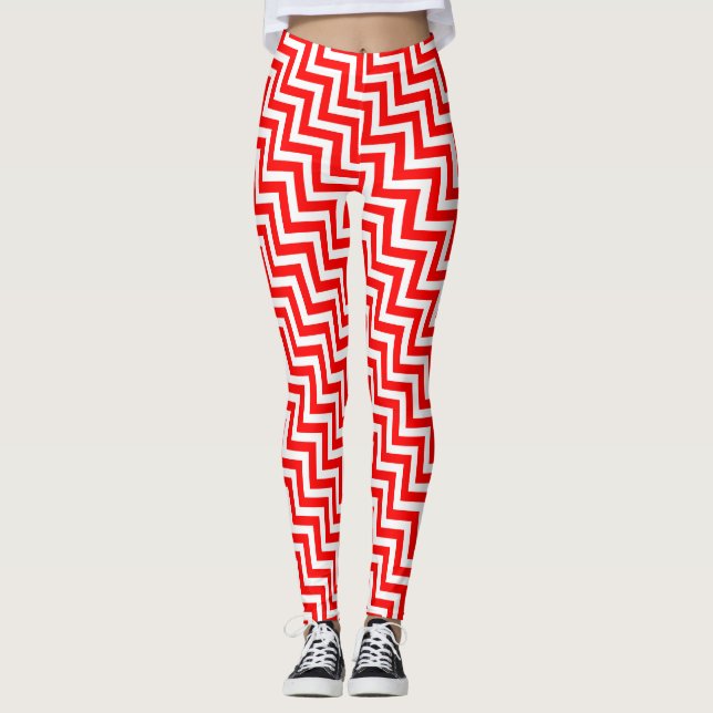 Leggings Chevron diagonal de tamaño pequeño rojo y blanco (Anverso)