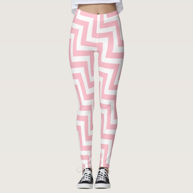 Leggings Chevron diagonal rosa y blanco de tamaño medio (Anverso)