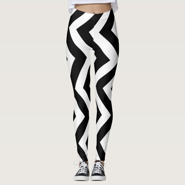 Leggings Chevron vertical de gran tamaño negro y blanco (Anverso)