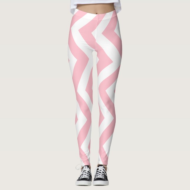 Leggings Chevron vertical de gran tamaño rosa y blanco (Anverso)
