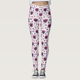 Leggings chic floral foliage purple blooming flowers