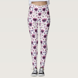Leggings chic floral foliage purple blooming flowers