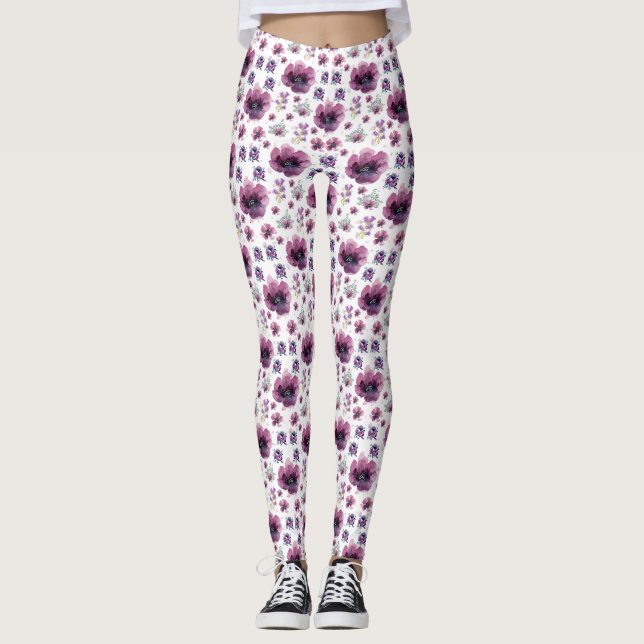 Leggings chic floral foliage purple blooming flowers (Anverso)