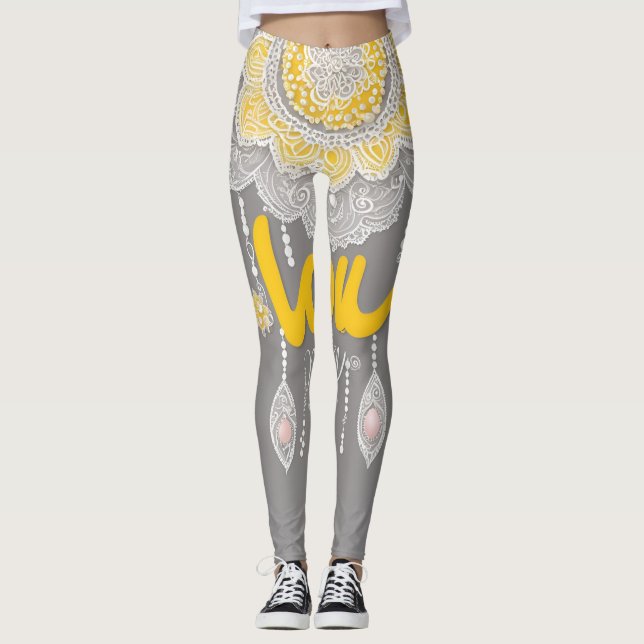 Leggings Chic gray & yellow mandala lace fusion AI art  (Anverso)