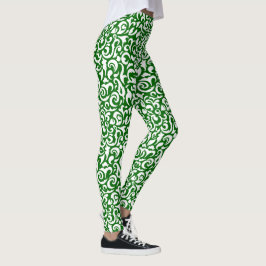 Leggings Chic Verde Oscuro Blanco Damask Patrón Floral Artí