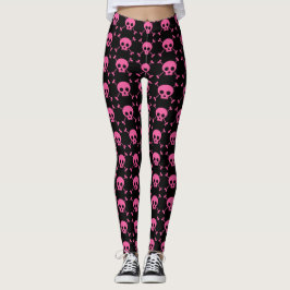 Leggings Chica de gótico Patrón de cráneos negros rosados G