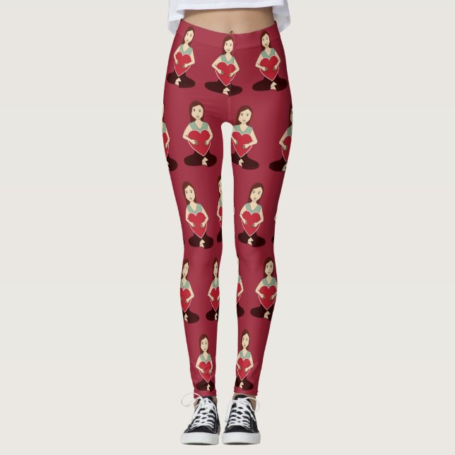 Leggings Chica de yoga lindo con un patrón de corazón rojo (Anverso)