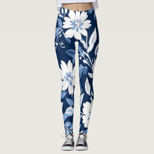 Leggings Chinoiserie moderna de color azul y porcelana blan