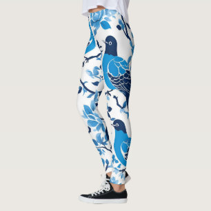 Leggings Chinoiserie moderna de color azul y porcelana blan