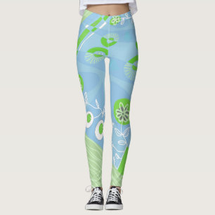 Leggings Chintz Bohemio Ilustracion Blanquecino Verde Azul 