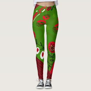 Leggings Chintz Bohemio Ilustracion Verde Rojo Negro