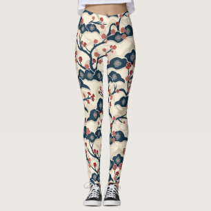 Leggings Chiyogami Japonés Ume Coral Rojo Índigo Crema