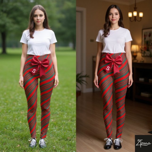 Leggings Christmas Diagonal Stripes Red Green Bow (Subido por el creador)