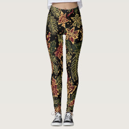Leggings Christmas Flowers ,Red Gold Black, Merry Christmas