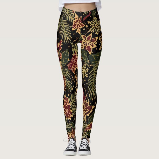 Leggings Christmas Flowers ,Red Gold Black, Merry Christmas (Anverso)