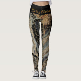 Leggings Christmas,Merry Christmas,Gold Blue Flowers Leaves