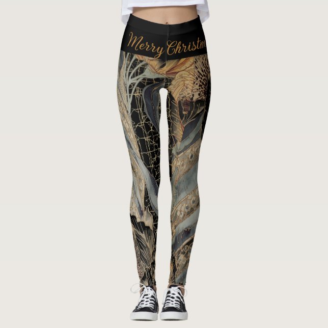 Leggings Christmas,Merry Christmas,Gold Blue Flowers Leaves (Anverso)