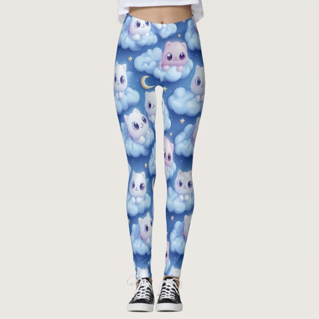 Leggings "Chubby Kawaii Gats and Clouds 3D Seamless Pattern (Anverso)