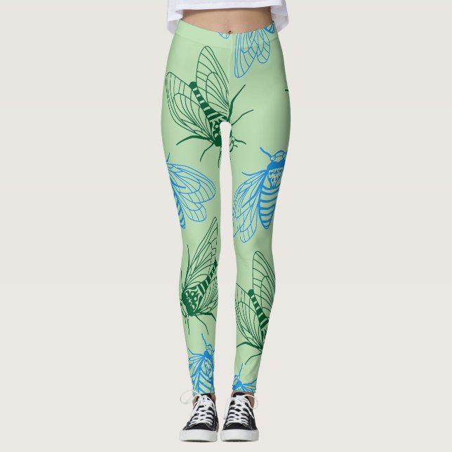 Leggings Cicada Botanical Illustration Pattern Green  (Anverso)