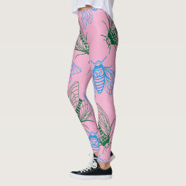 Leggings Cicada Botanical Illustration Pattern Pink