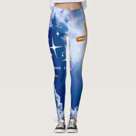 Leggings Cielo azul con nubes blancas y cruz dorada