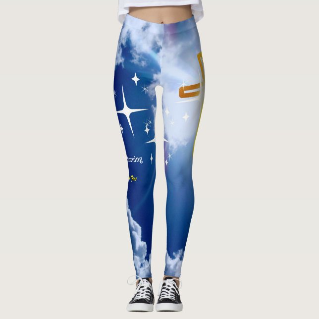 Leggings Cielo azul con nubes blancas y cruz dorada (Anverso)