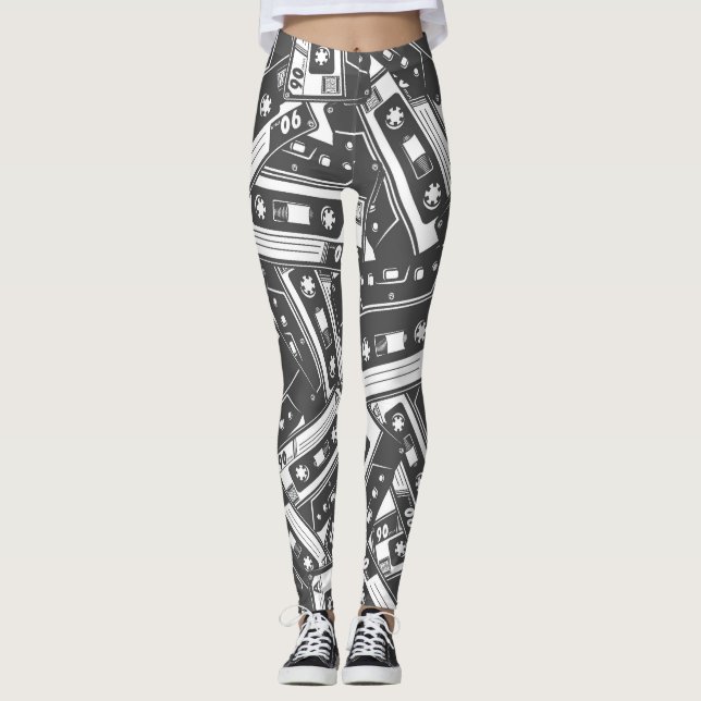 Leggings Cinta Cassette: Patrón de cosecha monocromo (Anverso)
