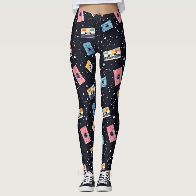 Leggings Cintas de cassette retro en espacio cósmico (Anverso)