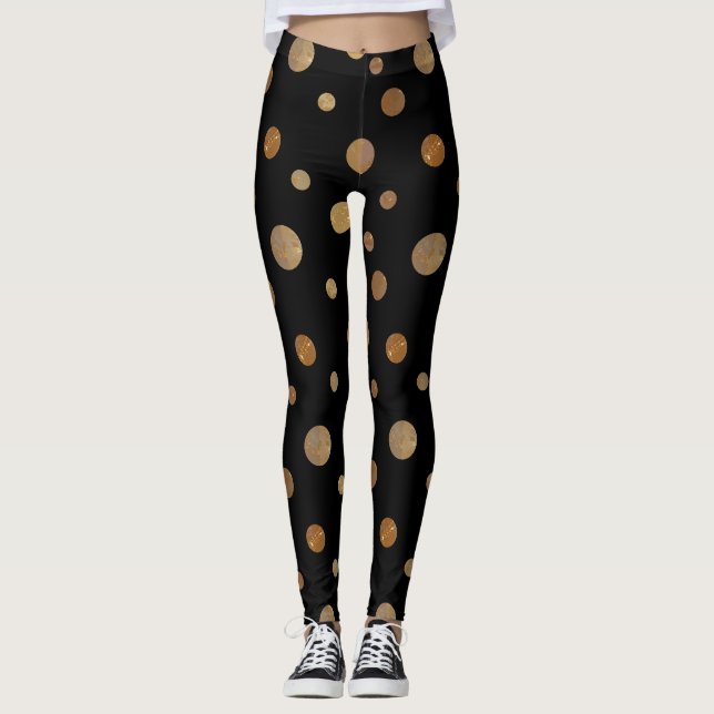 Leggings Círculos dorados puntos de polka negro geométrico (Anverso)
