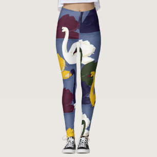 Leggings cisnes dibujados a mano, patrón de lago azul.
